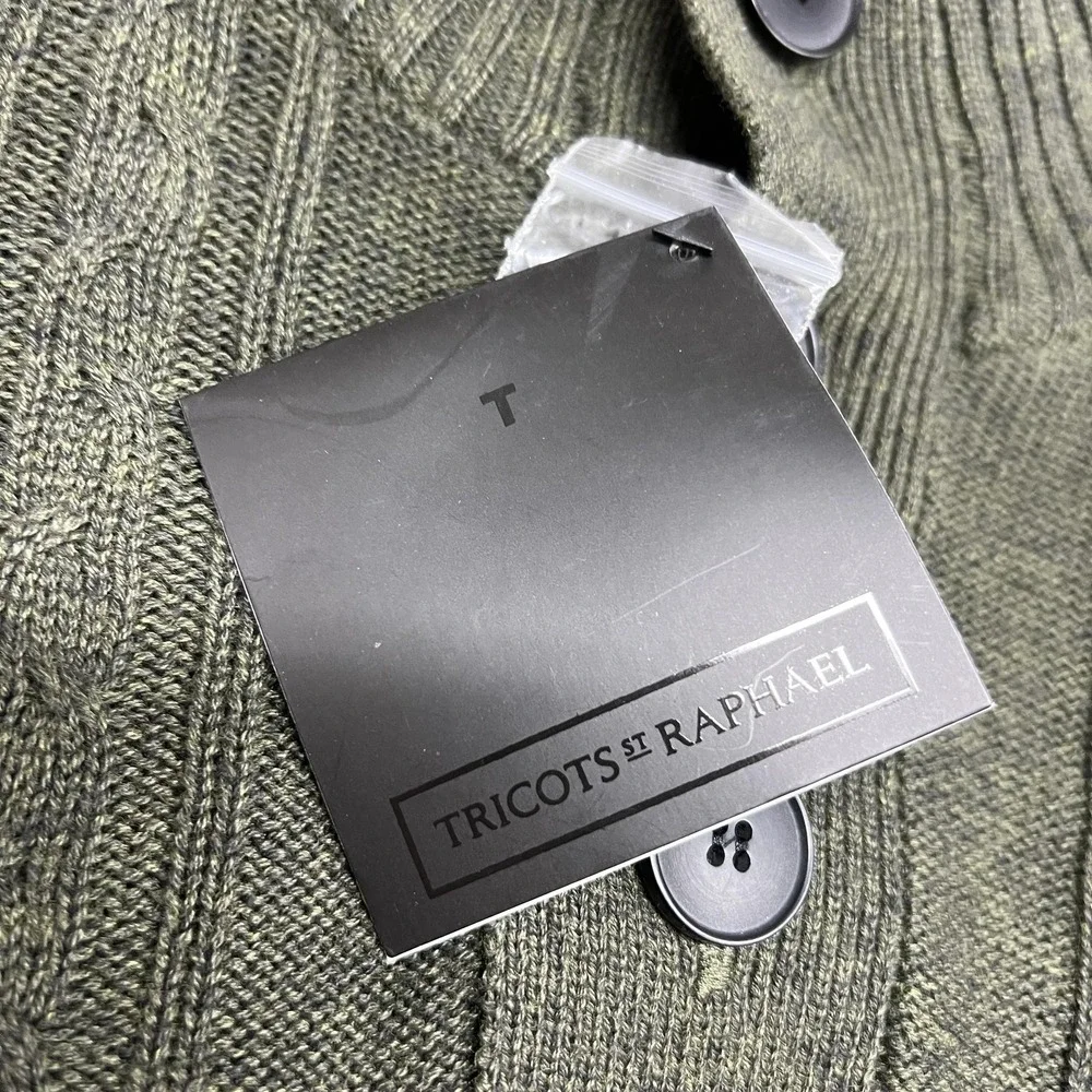 Tricots St Raphael Sweater Mens 2XL Green Cable Knit‎ Mock Neck Button Pullover